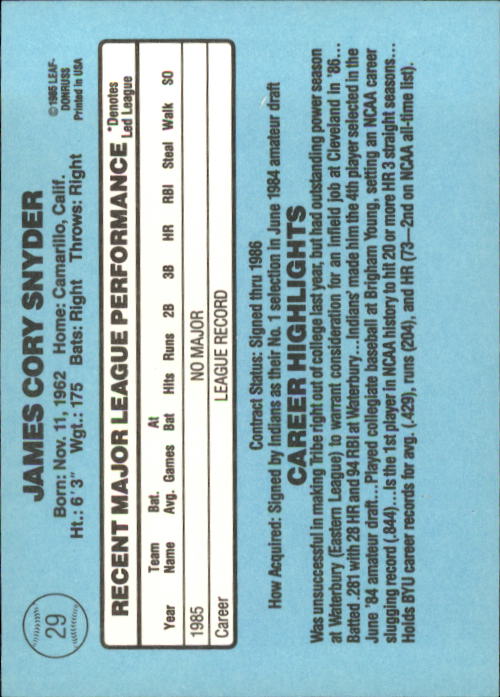1986 Donruss #29 Cory Snyder back image