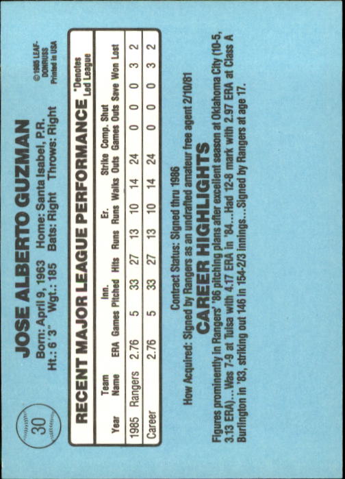 1986 Donruss #30 Jose Guzman RC back image