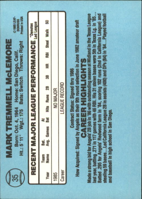 1986 Donruss #35 Mark McLemore RC back image