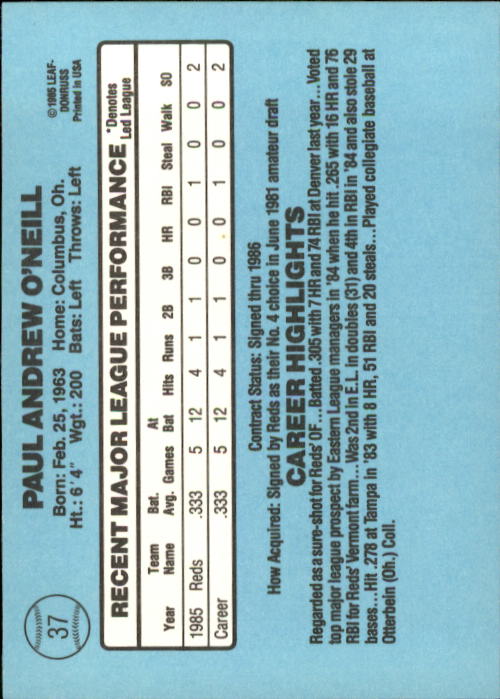 1986 Donruss #37 Paul O'Neill RC back image