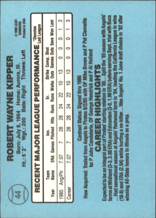 1986 Donruss #44 Bob Kipper RC back image