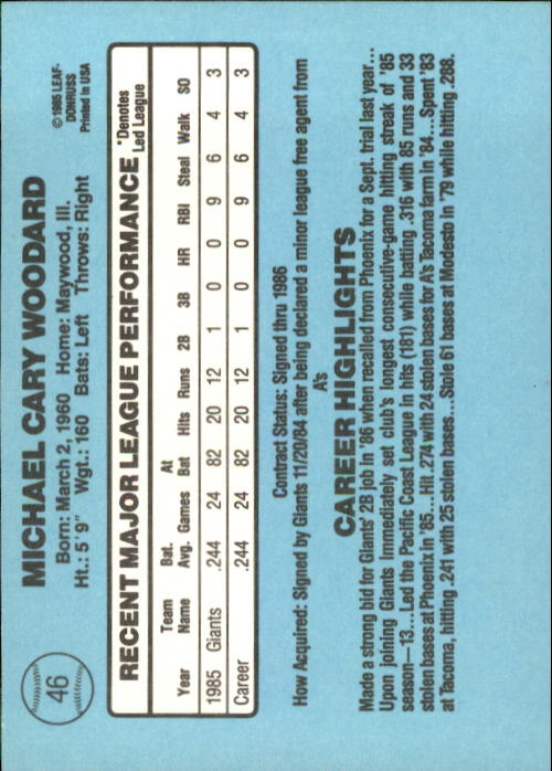 1986 Donruss #46 Mike Woodard RC back image