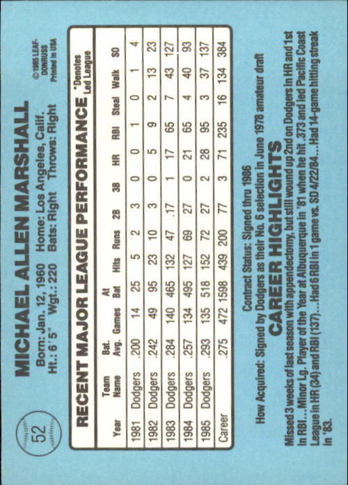 1986 Donruss #52 Mike Marshall back image