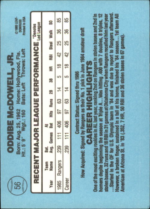 1986 Donruss #56 Oddibe McDowell back image