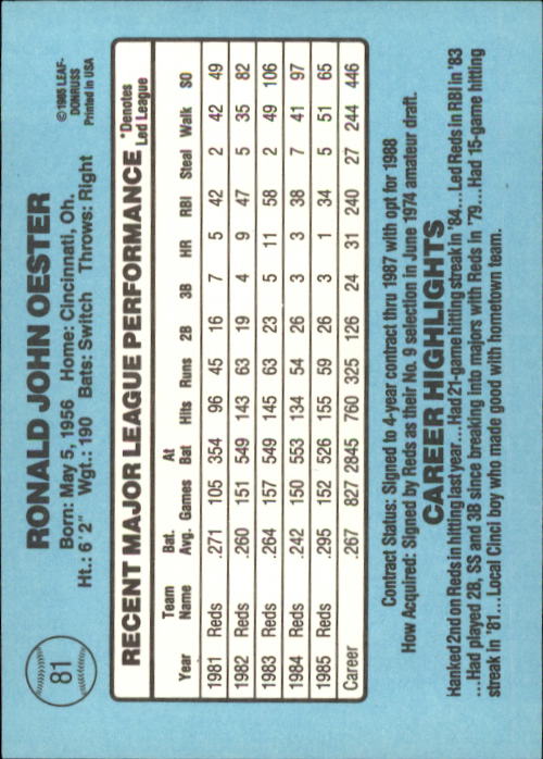 1986 Donruss #81 Ron Oester back image