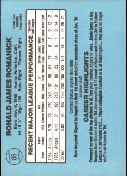 1986 Donruss #85 Ron Romanick back image