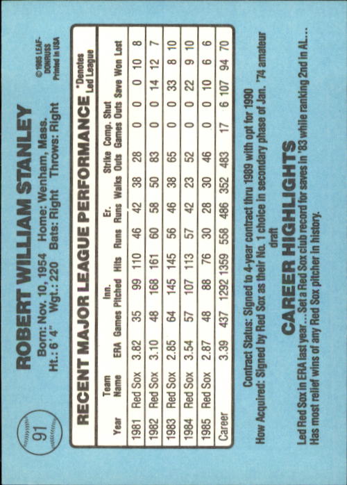 1986 Donruss #91 Bob Stanley back image