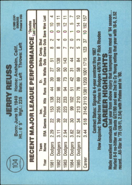 1986 Donruss #104 Jerry Reuss back image