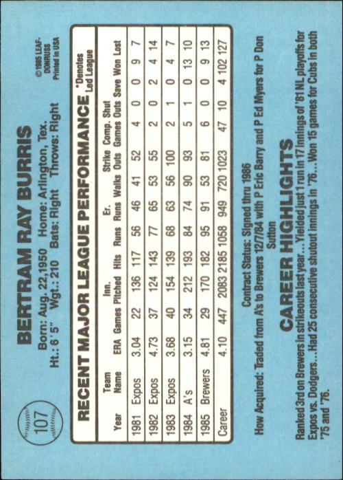 1986 Donruss #107 Ray Burris back image