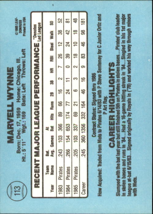 1986 Donruss #113 Marvell Wynne back image