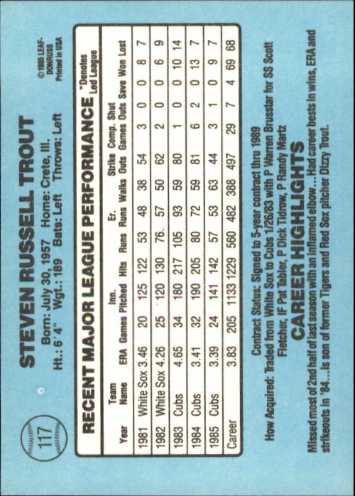 1986 Donruss #117 Steve Trout back image