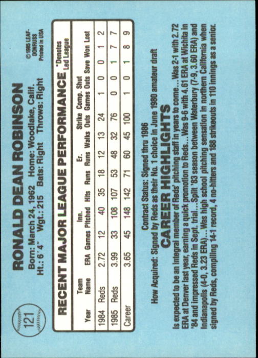 1986 Donruss #121 Ron Robinson back image