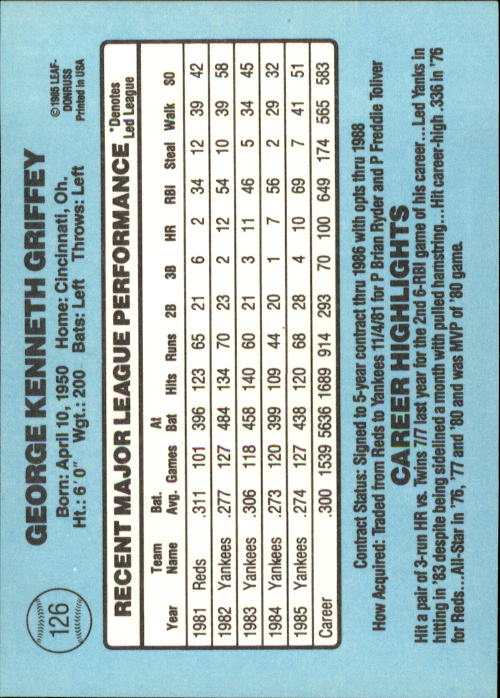 1986 Donruss #126 Ken Griffey back image