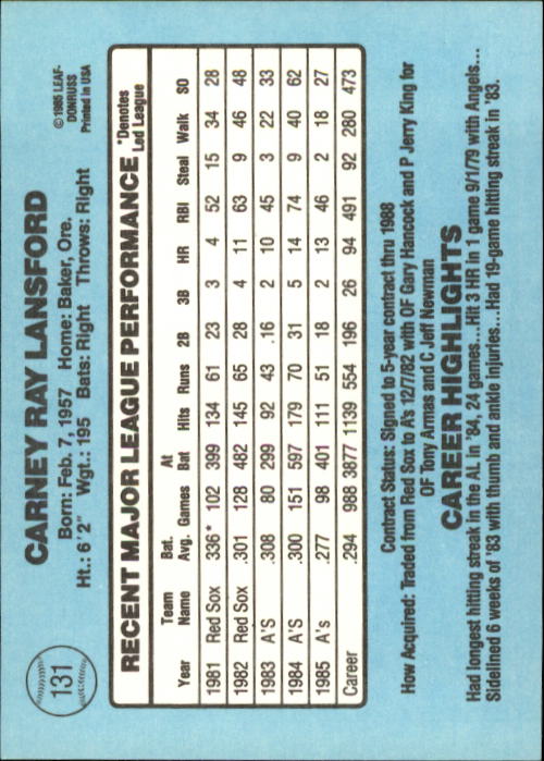 1986 Donruss #131 Carney Lansford back image