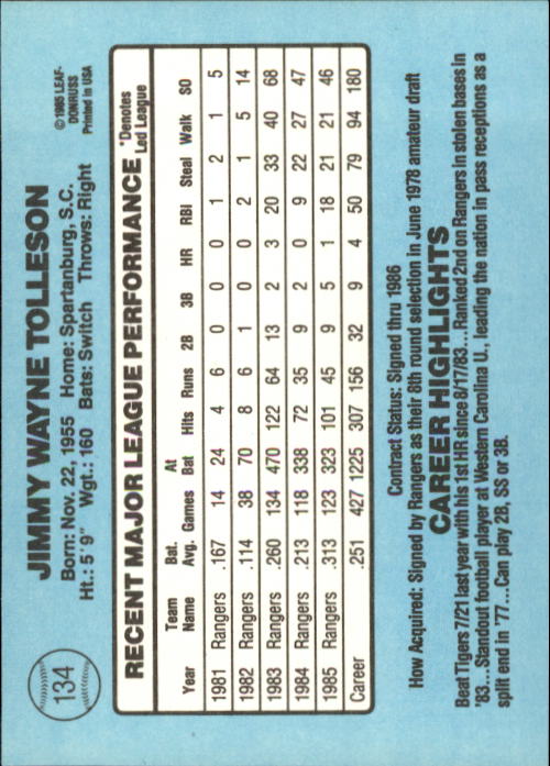 1986 Donruss #134 Wayne Tolleson back image