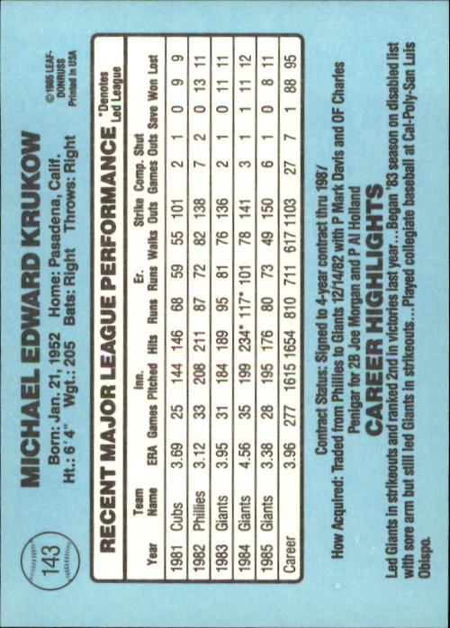 1986 Donruss #143 Mike Krukow back image