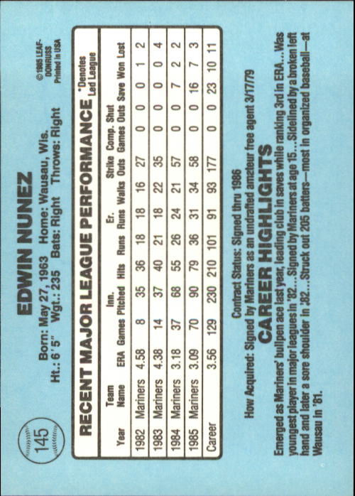 1986 Donruss #145 Edwin Nunez back image