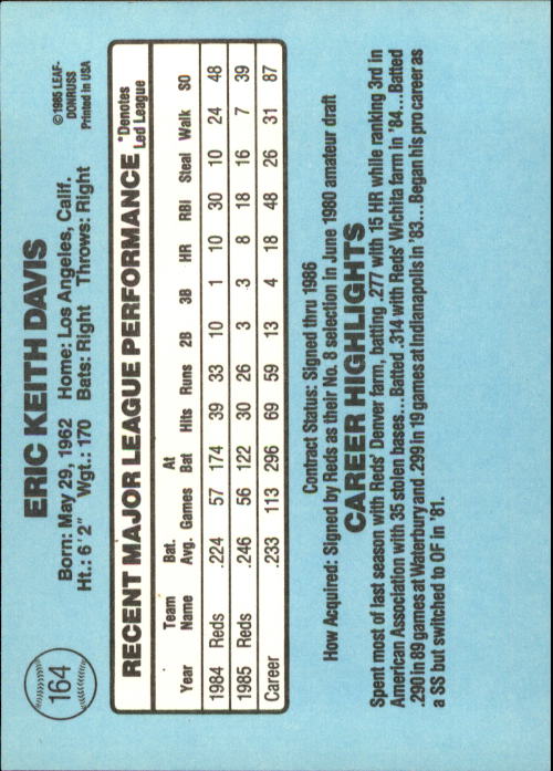 1986 Donruss #164 Eric Davis back image