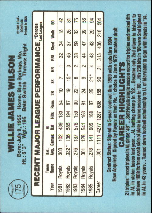1986 Donruss #175 Willie Wilson back image