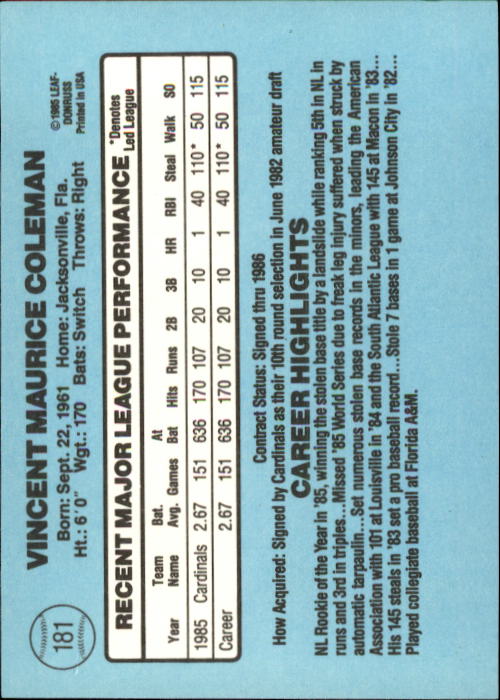 1986 Donruss #181 Vince Coleman UER RC back image