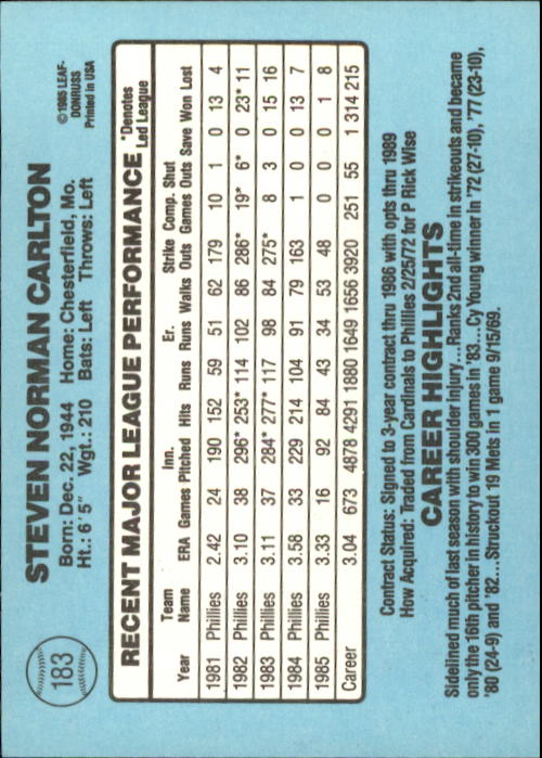 1986 Donruss #183 Steve Carlton back image