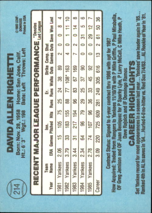 1986 Donruss #214 Dave Righetti back image