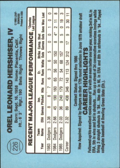 1986 Donruss #226 Orel Hershiser back image