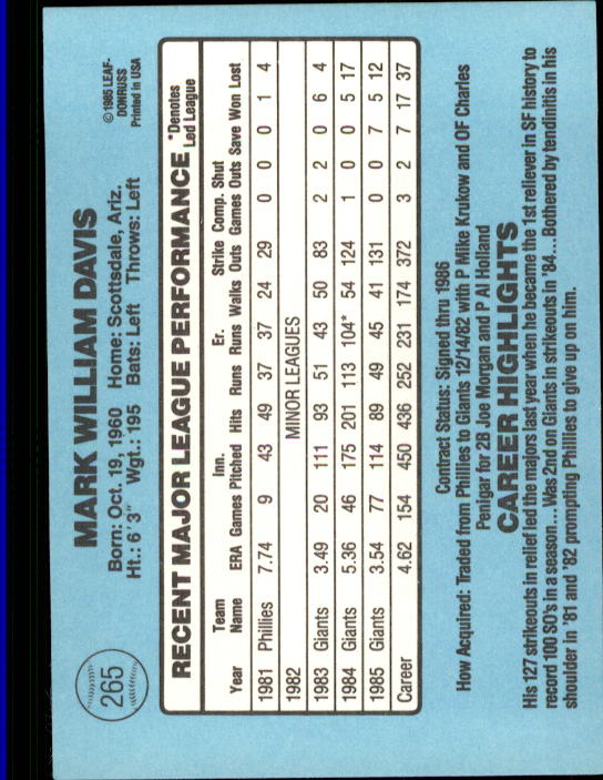 1986 Donruss Baseball "Main Set" Base Cards #221 to #440 - Picture 91 of 440