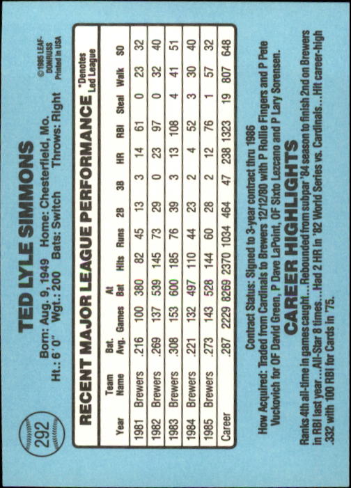 1986 Donruss #292 Ted Simmons back image