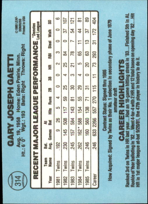 1986 Donruss Baseball "Main Set" Base Cards #221 to #440 - Picture 188 of 440
