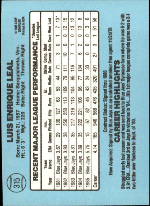 1986 Donruss Baseball "Main Set" Base Cards #221 to #440 - Picture 190 of 440