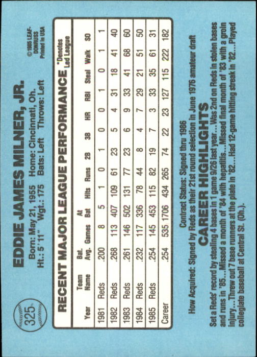 1986 Donruss #325 Eddie Milner back image
