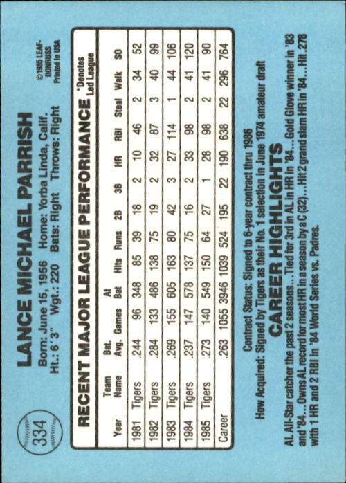 1986 Donruss #334 Lance Parrish back image