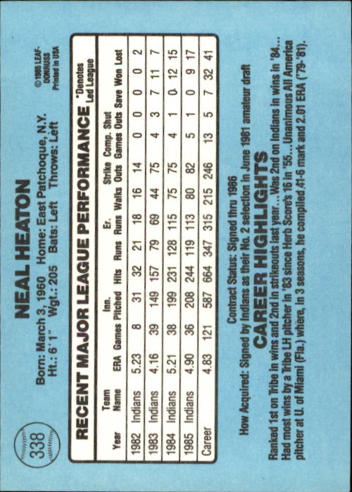 1986 Donruss #338 Neal Heaton back image
