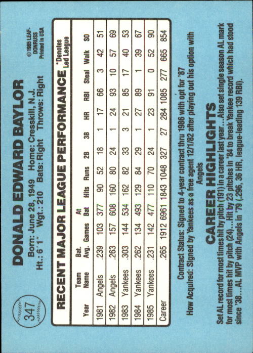 1986 Donruss #347 Don Baylor back image