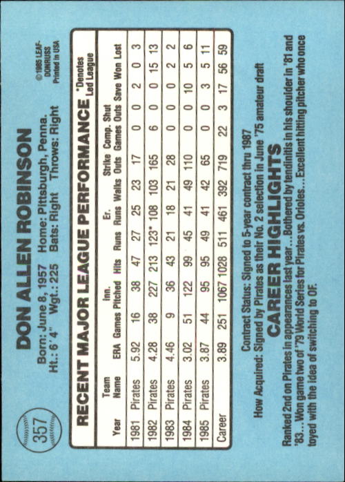 1986 Donruss Baseball "Main Set" Base Cards #221 to #440 - Picture 274 of 440