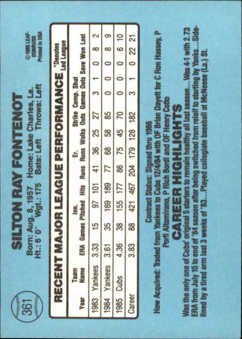 1986 Donruss #361 Ray Fontenot back image