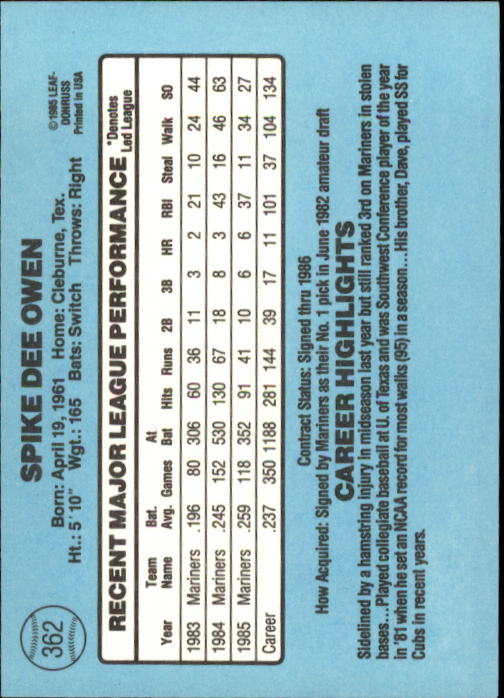 1986 Donruss Baseball "Main Set" Base Cards #221 to #440 - Picture 284 of 440