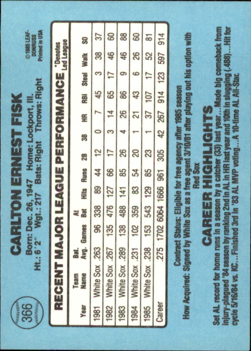 1986 Donruss #366 Carlton Fisk back image