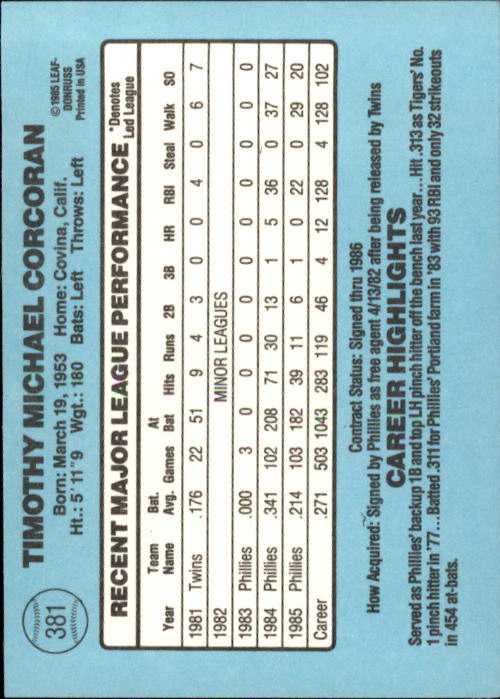 1986 Donruss Baseball "Main Set" Base Cards #221 to #440 - Picture 322 of 440