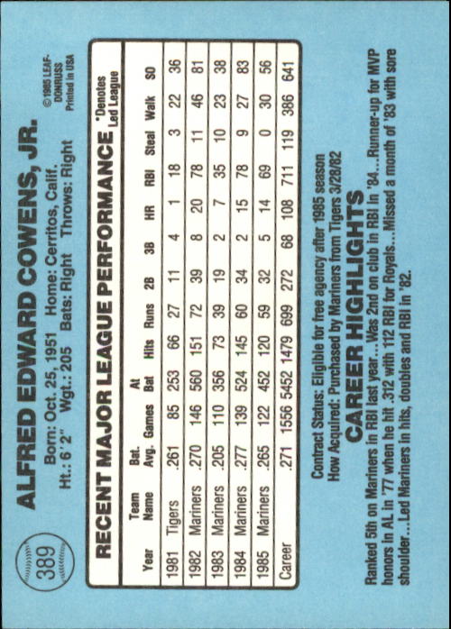 1986 Donruss Baseball "Main Set" Base Cards #221 to #440 - Picture 338 of 440