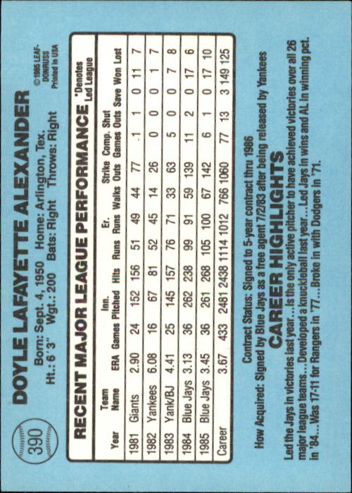 1986 Donruss #390 Doyle Alexander - EX-MT