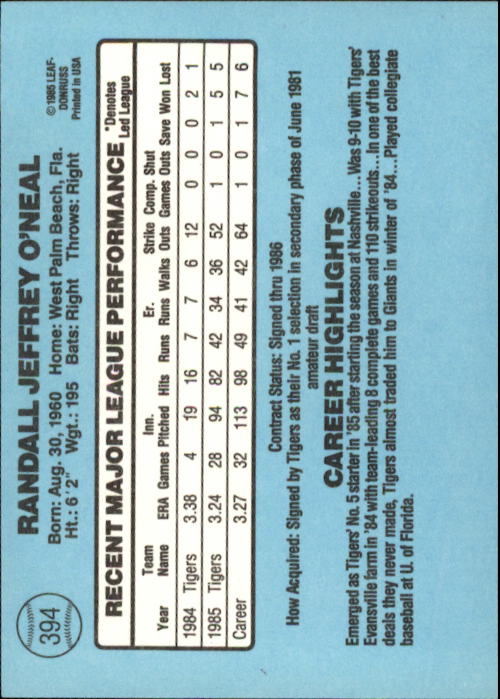 1986 Donruss #394 Randy O'Neal back image