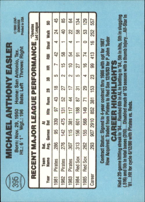 1986 Donruss #395 Mike Easler back image