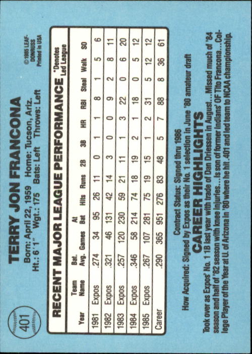 1986 Donruss Baseball "Main Set" Base Cards #221 to #440 - Picture 362 of 440
