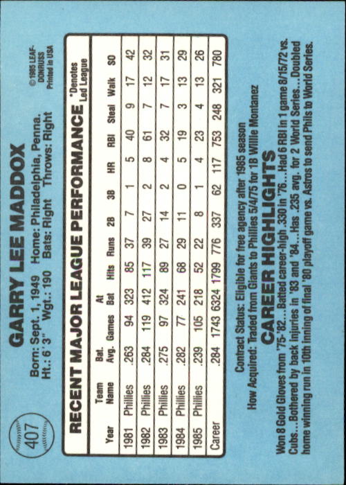 1986 Donruss Baseball "Main Set" Base Cards #221 to #440 - Picture 374 of 440