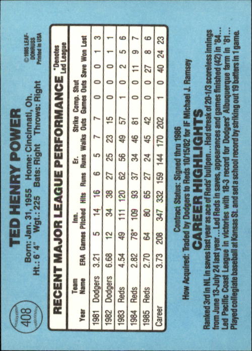 1986 Donruss #408 Ted Power back image