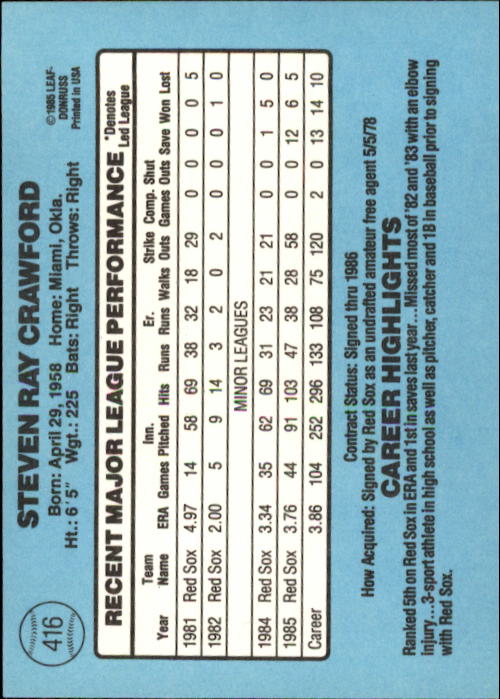 1986 Donruss #416 Steve Crawford back image