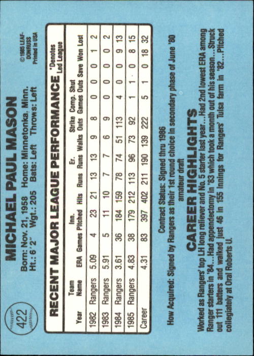 1986 Donruss #422 Mike Mason back image