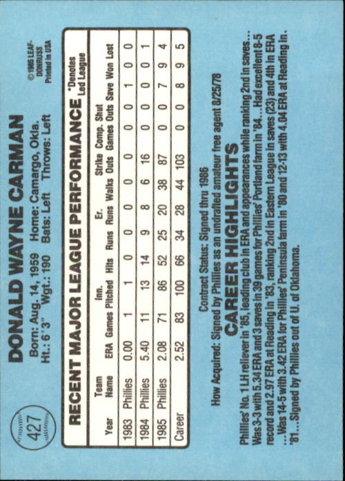 1986 Donruss Baseball "Main Set" Base Cards #221 to #440 - Picture 414 of 440